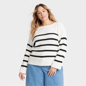 Ava & Viv Women's Knit Boat Neck Pullover Sweater White Black Striped Size 2X